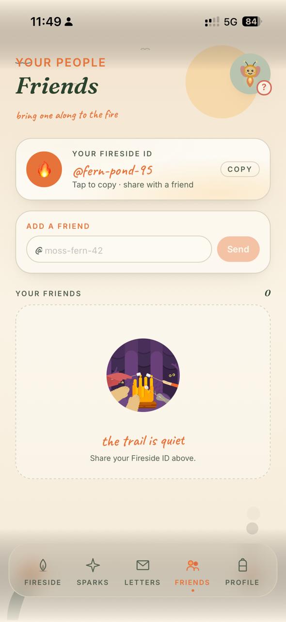 Fireside friends screen with a shareable ID